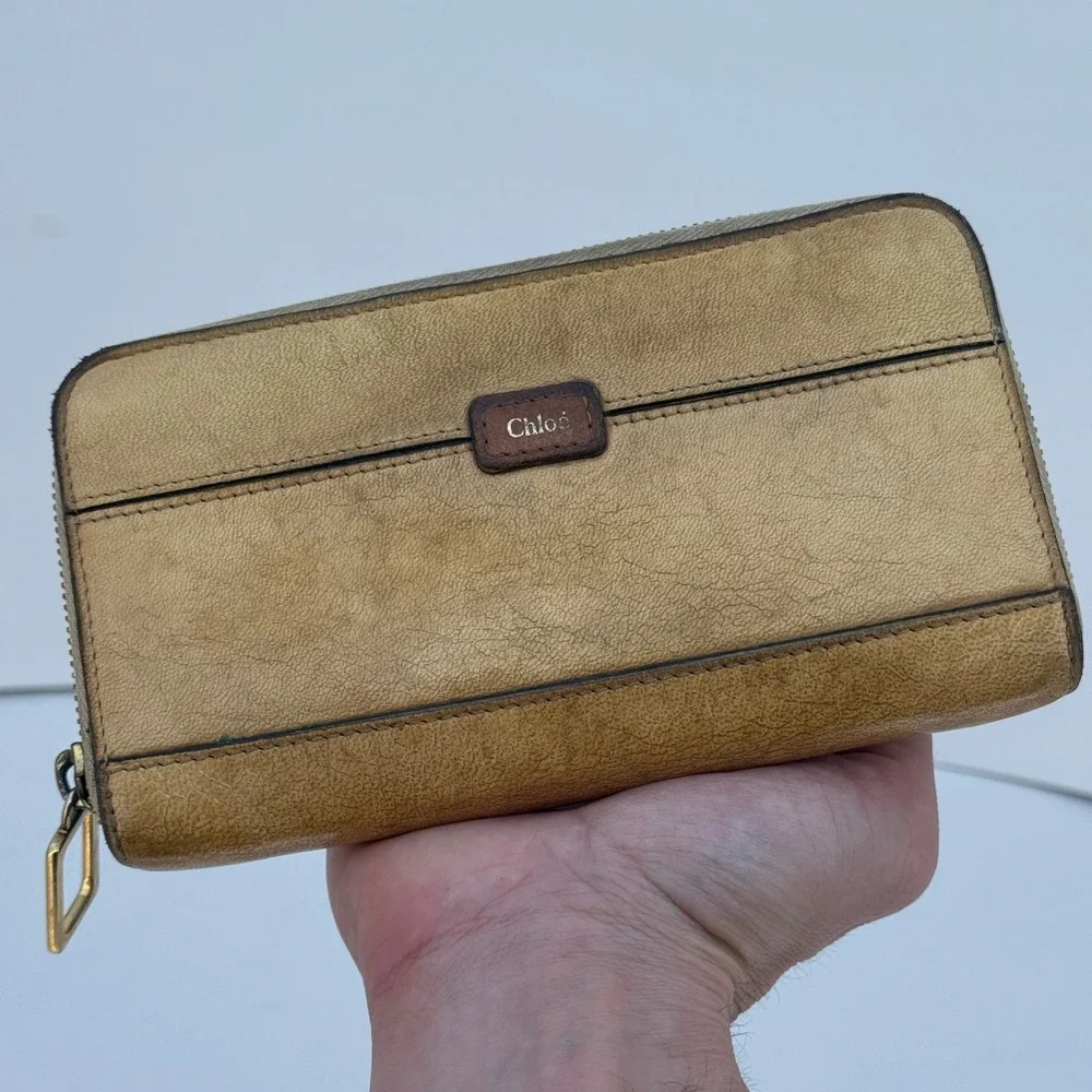Chloe Tan Leather Zip‎ Around Long Wallet Gold Hardware Vintage Patina Italy